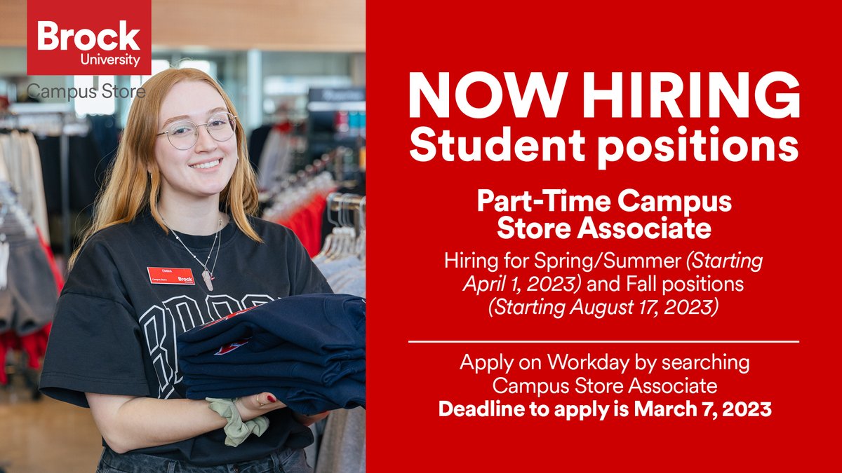 NOW HIRING Student Positions

Part-Time Campus Store Associate
- Hiring for Spring/Summer (Starting April 1, 2023) and Fall positions (Starting August 17, 2023)

Apply on Workday by searching Campus Store Associate

Deadline to apply is March 7, 2023

Link in bio.