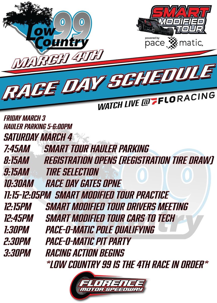ITS RACE WEEK!!! Here is this weekends race day schedule for the low country 99!! Racing begins at 3:30 but don’t forget if you can’t be there you can watch live on <a href="/FloRacing/">FloRacing</a>!!
