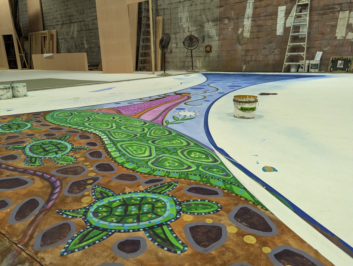 thegrandlondon's tweet photo. With beautiful original art from Métis artist, Leah Dorion and inspired set design by Cimmeron Meyer, here's your first sneak peek at the set for RUBABOO! 🎨🖌️ https://t.co/ckVDyrjZIM