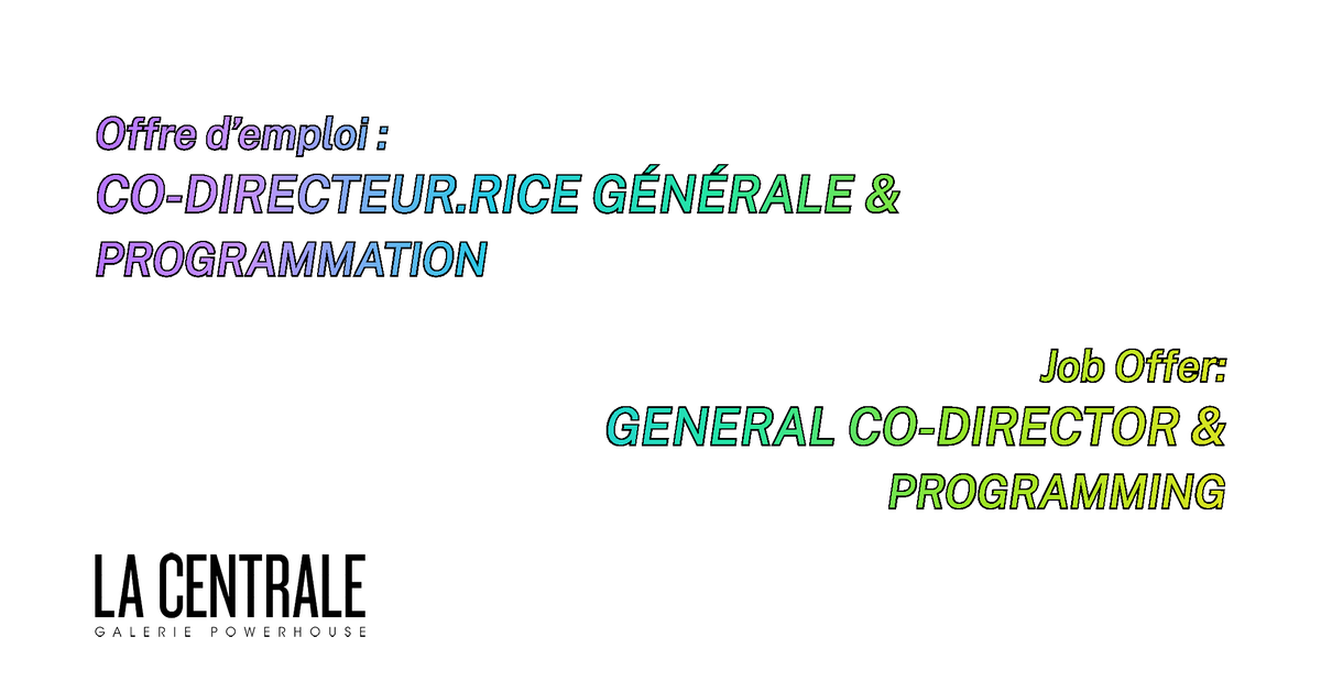 Venez travailler à La Centrale ! 
La Centrale recrute sa.on prochain.e co-directeur.rice générale &amp; programmation
-
Work at La Centrale !
La Centrale is hiring its next General Co-director &amp; Programming 

+ info : lacentrale.org/a-propos/emplo…