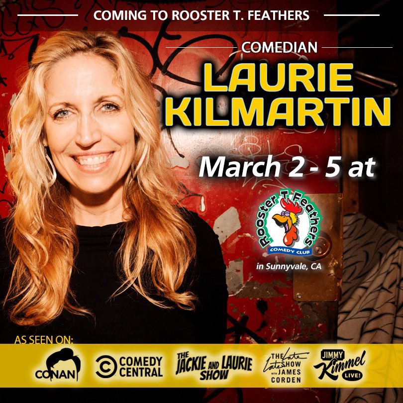 Rooster T. Feathers Comedy Club (@roostertf) on Twitter photo One of the best comics around, a pure joke machine, Laurie Kilmartin all this week at <a href="/RoosterTF/">Rooster T. Feathers Comedy Club</a> in Sunnyvale! Get tix now!
<a href="/anylaurie16/">Laurie Kilmartin</a> One of the best comics around, a pure joke machine, Laurie Kilmartin all this week at <a href="/RoosterTF/">Rooster T. Feathers Comedy Club</a> in Sunnyvale! Get tix now!
<a href="/anylaurie16/">Laurie Kilmartin</a>