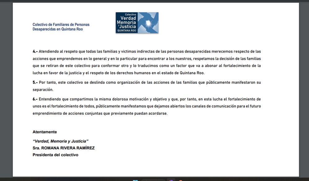 27/feb/2023

📣
El colectivo <a href="/QuintanaRoo_/">Verdad Memoria y Justicia</a>  fija su postura en relación con la separación de 4 familias que formaban parte de esta organización de víctimas y que hicieran pública esa decisión el pasado 22 de febrero, al respecto emitimos el siguiente comunicado: