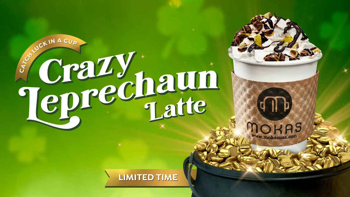 JRIHospitality's tweet photo. Now introducing @mokascafe_usa Crazy Leprechaun latte. For a limited time only, enjoy a chocolate, peppermint, &amp; Irish Cream latte, topped with crumbled Andes mints &amp; a chocolate drizzle. Find a Mokas location near you by clicking the link in our bio. 
#JRIHospitality #MokasCafe https://t.co/VyiIJ7GmTc