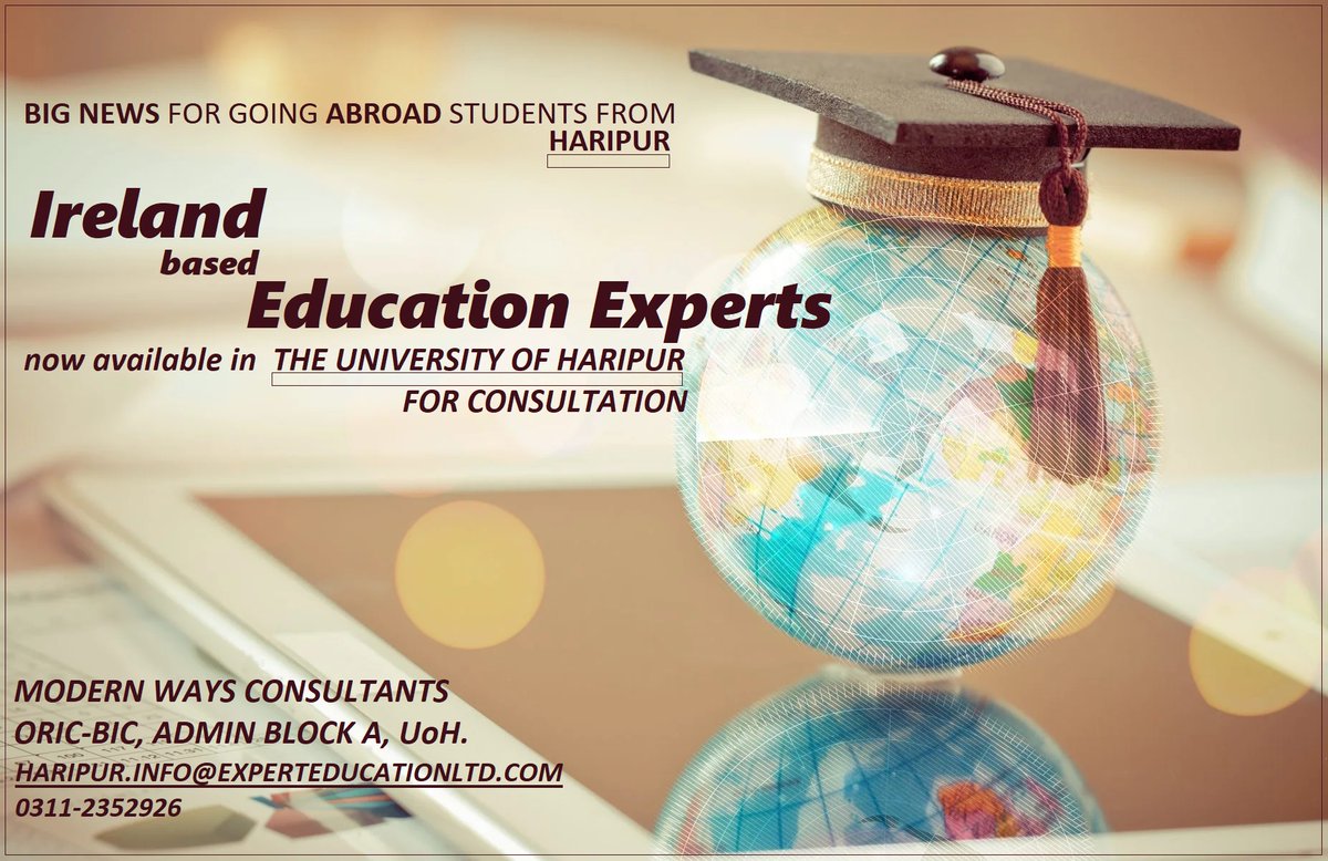 #Consult #Ireland based #EducationExperts at The University of Haripur (Official)

#studyabroad #studyinireland #StudyAbroadConsultants #Haripur #Abbottabad #Mansehra #Taxila #Wah #Swabi #Mardan #Hazara #university
