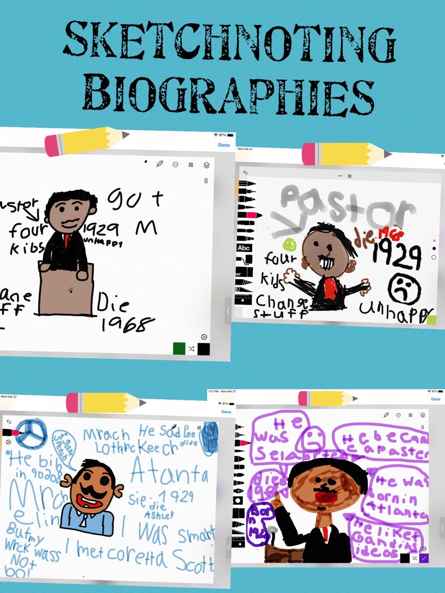 2FPershing's tweet image. Love it when my teammates @Pershing2M @Sraandrade07 bring back ideas from our PD day like Sketchnoting our biographies! Using Sketchnoting to remember important ideas about MLK. #teampershing  @rmbtowner_tech @ms_bazz @MsCaprarola