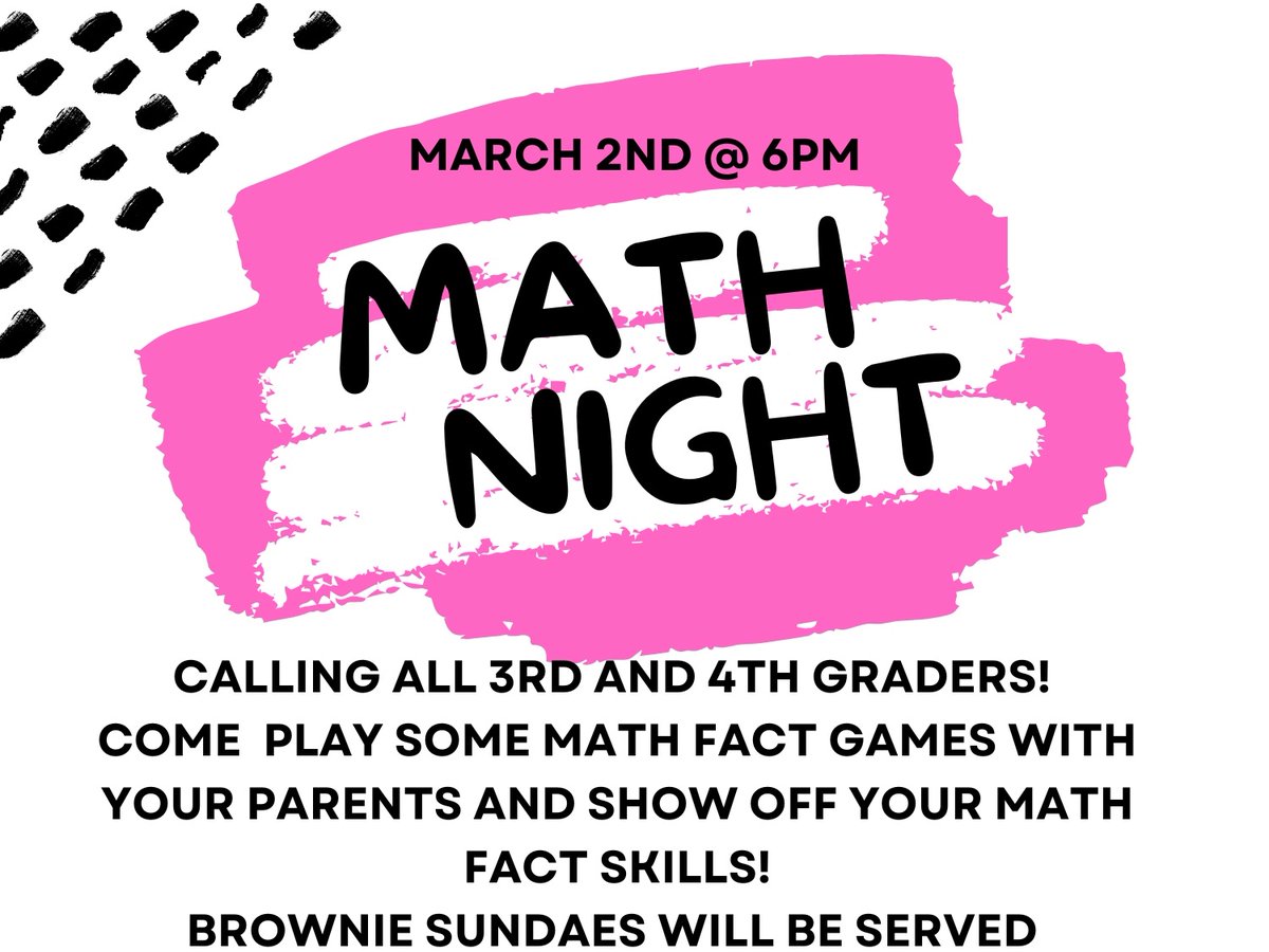 AmeliaPCSD's tweet photo. Attention all 3rd and 4th grade students and parents! Our Math Fact Night is this week on Thursday, March 2nd at 6pm.  We can't wait to play games, compete, and eat brownie sundaes with all of you! https://t.co/37iqhUIWT3
