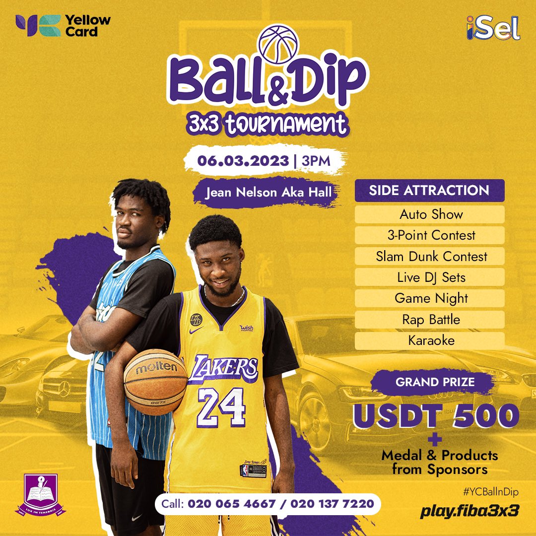 The CountDown is on for the first 3x3 event in Ghana this year sponsored by <a href="/yellowcard_app/">Yellow Card</a> !! It’s gonna be hot on the court come Independence Day at the <a href="/jeannelsonjcr/">Jean Nelson Aka Hall</a> basketball court of the . It’s going to be filled with lots of urban entertainment #ycballndip . @iselmedia