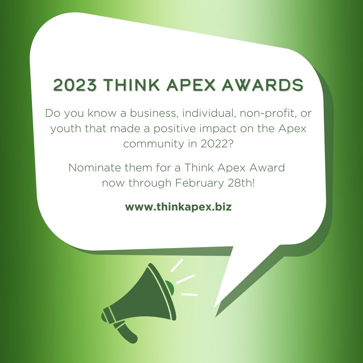 Tomorrow is the last day to submit your nomination for the Think Apex Awards!
Nominate a business, individual, non-profit, or youth for their dedicated service to the Apex community in 2022. 
Submit your nomination now through February 28, 2023 at: thinkapex.biz