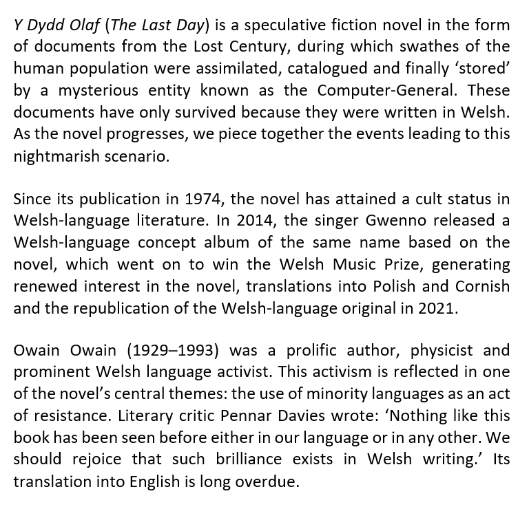 The Last Day: Welsh postmodern speculative fiction in translation. Lovingly worked on at @BristolTransla2 and @WritersCentre with mentor @meenakandasamy. I'll be at @LondonBookFair this year to find a home for this masterpiece. If you like what you read, come and say hi. 🏴󠁧󠁢󠁷󠁬󠁳󠁿🤖