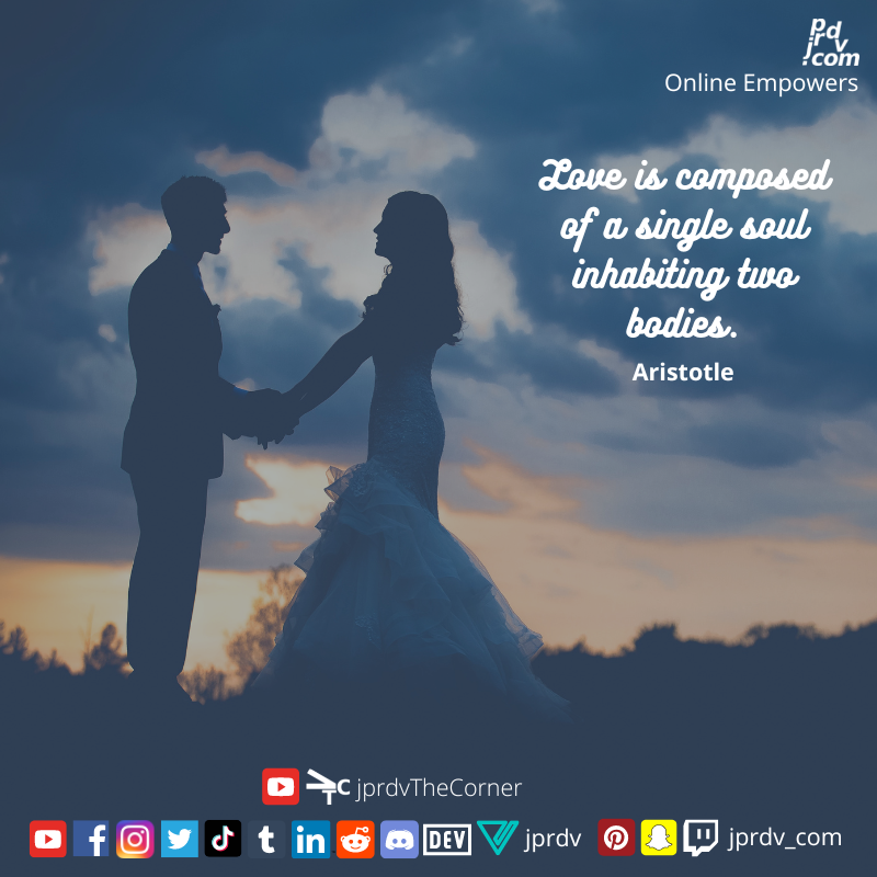 jprdv's tweet photo. Love is a beautiful union of souls. As Aristotle said, 'Love is composed of a single soul inhabiting two bodies.' Let's celebrate love and its power to unite. ❤️ #Love #Aristotle #Soulmates #Unity https://t.co/OkVwSD0DzU