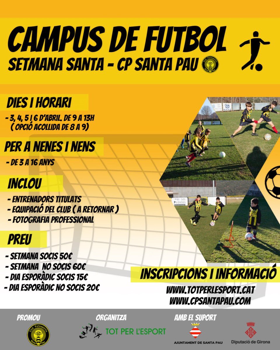 Aquesta Setmana Santa estrenem el Campus de Futbol del CP Santa Pau 🆕

Consulta tota la info a cpsantapau.com (link a la bio)

✅ INSCRIPCIONS OBERTES

#campussetmanasanta #campusdefutbol #tornaelfutbolbase #somdelpoli #cpsantapau