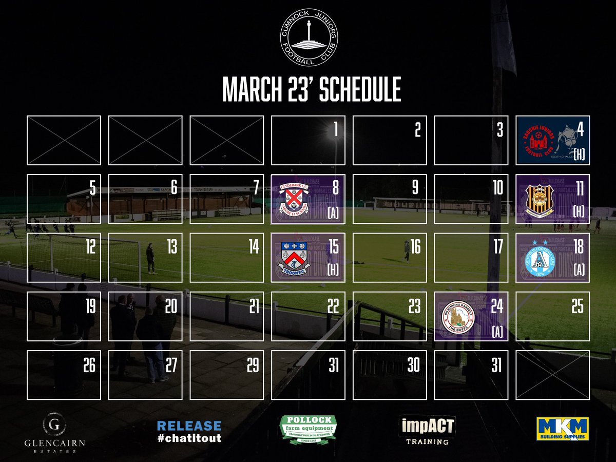 𝗠𝗮𝗿𝗰𝗵 𝗦𝗰𝗵𝗲𝗱𝘂𝗹𝗲 |🗓️

A busy March ahead as we catch-up with the winter postponement &amp; league backlog with 3 home and 3 away.

First up, a place in the South Challenge quarter finals at stake as we welcome EOSFL side <a href="/sauchieofficial/">Sauchie Juniors FC</a> 

#ATN ▀▄▀▄▀▄