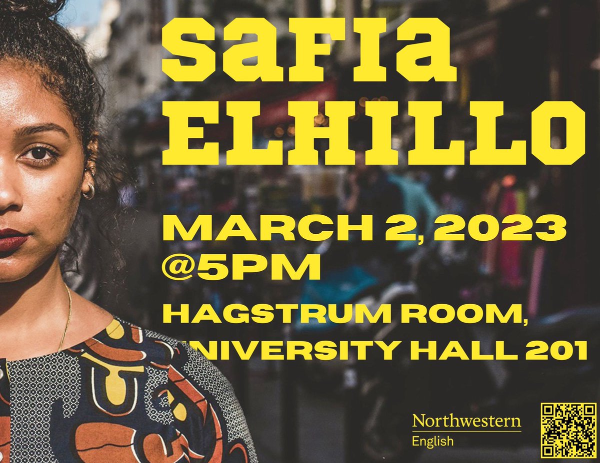 Join poet Safia Elhillo this Thursday at 5 PM in the Hagstrum Room - scan the QR code below for more details!