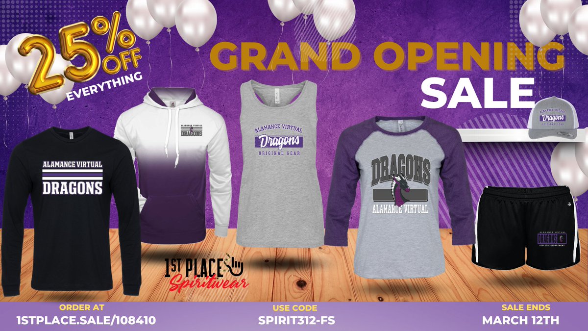 avspto's tweet photo. Alamance Virtual School Spirit Wear Store. Hundreds of designs and garments that are delivered to your home in days! To celebrate the grand opening, use code SPIRIT312-FS to receive 25% off and get free shipping on orders over $50. Shop at https://t.co/EzRAlEPxGn. https://t.co/FlJJIpIhBF