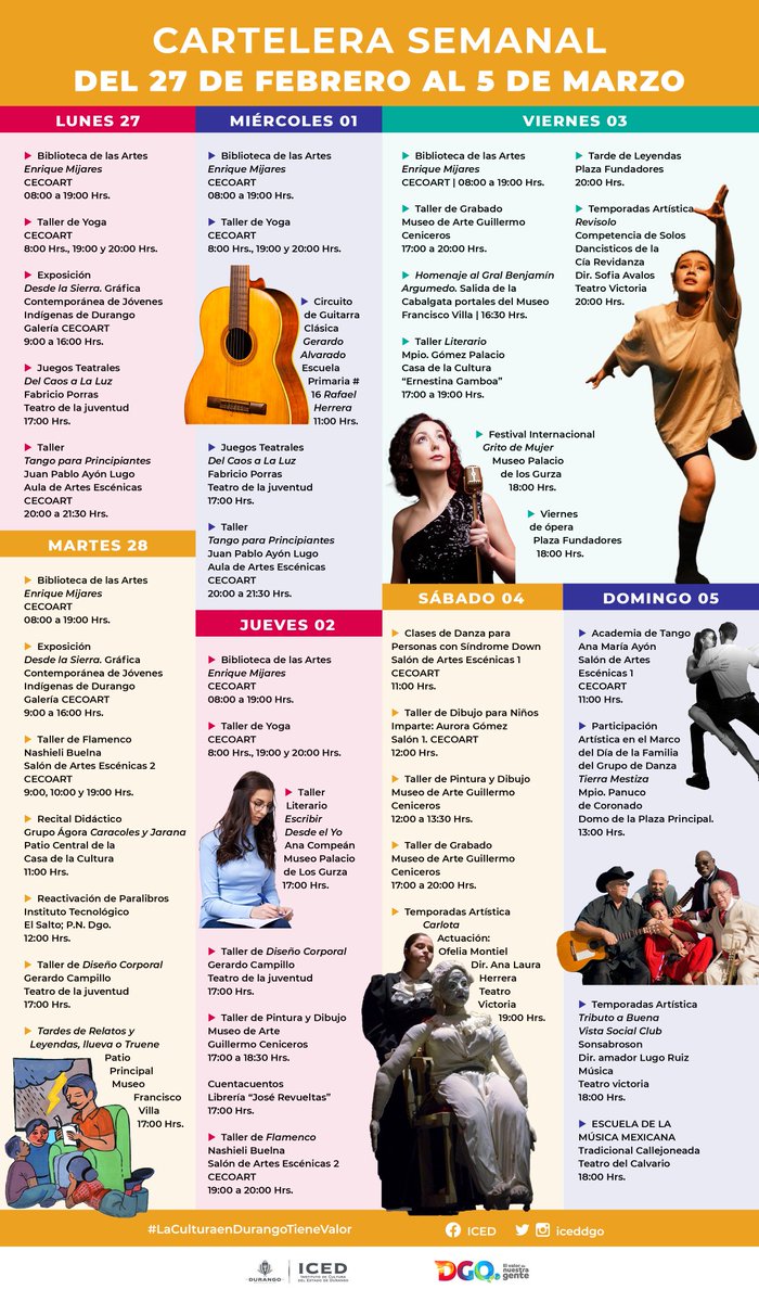 ¡Toma nota! 📢 
🔹Estas son las actividades que tenemos preparadas para esta semana.

¡Te esperamos en los diferentes centros y museos!

 #Durango #DurangoEsCultura #LaCulturaEnDurangoTieneValor