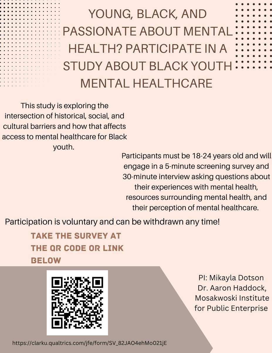 mikayladotson10's tweet photo. Plugging this on Twitter. But, I'm finishing up my undergraduate honors thesis in Black Youth Mental Healthcare! If you or anyone is interested and qualifies for the study, please take the eligibility survey to participate! #healthcare #access #mentalhealth https://t.co/Fk4nlLZzcn
