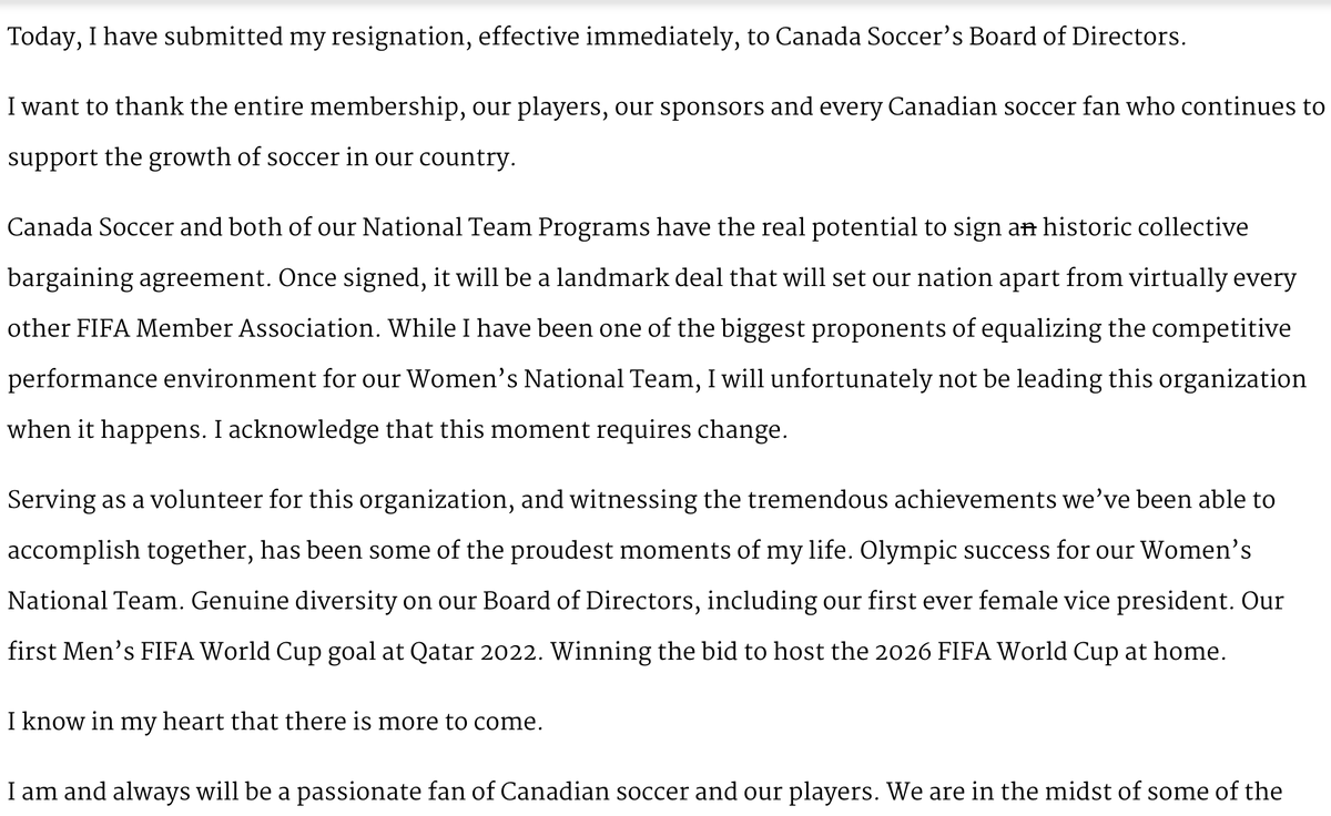 GalindoPW's tweet photo. BREAKING: Nick Bontis resigns as CSA president.

A groundbreaking development in the #CanWNT's and #CanMNT's push for equality and transparency.

Also worth noting that the CSA was due to speak to the Heritage Committee in a couple of weeks. https://t.co/VtEQKz2RDX