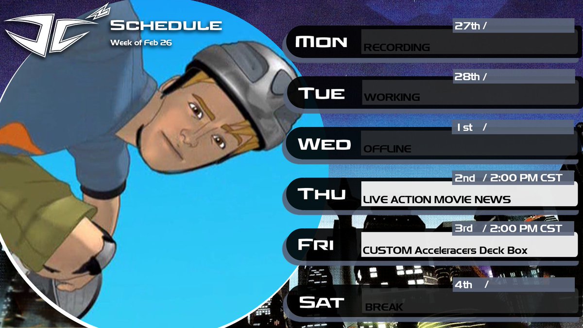 JayCeeSquared's tweet photo. Tentative Schedule for the week of Feb 26th.

Planning two videos this week! Hope y'all watch!

#youtube #schedule #jcsquared https://t.co/hy1asPm9at