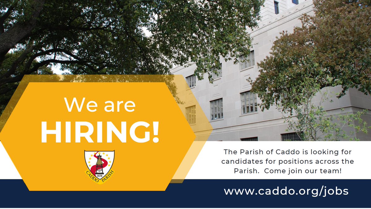 The Parish of Caddo is hiring! Visit caddo.org/jobs for a list of the latest openings. A sampling of current positions include Multimedia Specialist, Parks Asst Director and Sr. HVAC Technician!  Come join our team!