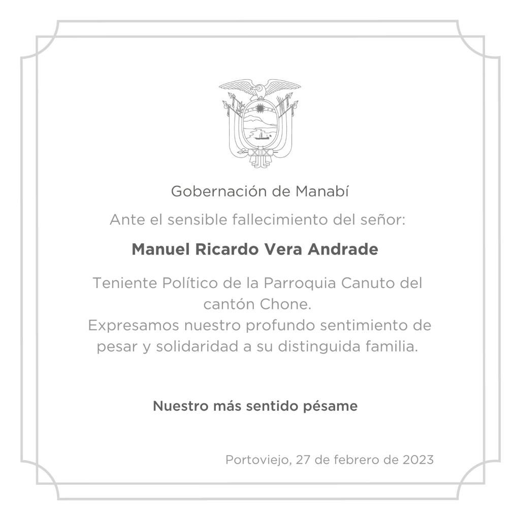 Juan Francisco Núñez (@juanfrancisconh) on Twitter photo Mi abrazo solidario a los familiares y amigos de Manuel Vera, Teniente Político de Canuto ante su sensible fallecimiento.
Las instituciones pertinentes se encuentran realizando todas las acciones investigativas necesarias para esclarecer este lamentable hecho.
Paz en su tumba Mi abrazo solidario a los familiares y amigos de Manuel Vera, Teniente Político de Canuto ante su sensible fallecimiento.
Las instituciones pertinentes se encuentran realizando todas las acciones investigativas necesarias para esclarecer este lamentable hecho.
Paz en su tumba
