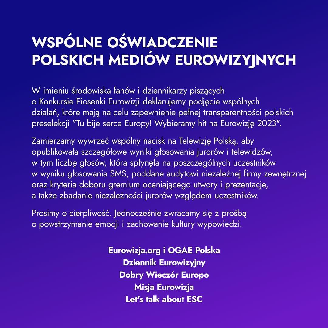 Eurowizja Org Adam Potrykus (Stoffski) on Twitter: "🧵01: In an extraordinary move by ALL  Polish Eurovision portals and fan media, a JOINT statement regarding the  Polish Eurovision Pre-Selection final "Tu Bije Serce Europy". Check