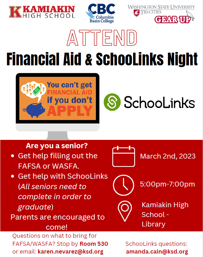 ksdkamiakin's tweet photo. Please join us for Financial Aid &amp; SchoolLinks Night on March 2nd from 5:00PM-7:00PM in the Kamiakin High School Library. See you all there!! https://t.co/xkTVM2K9KP