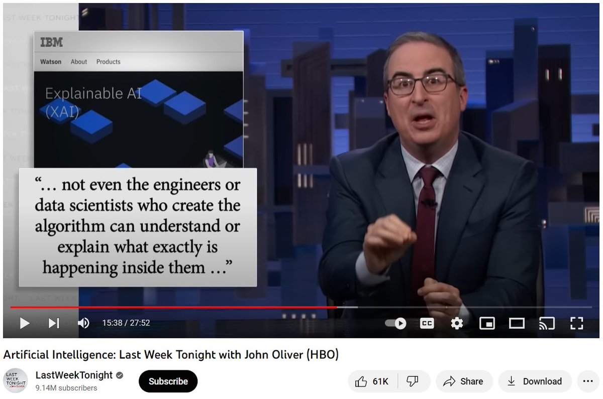 Did you notice our work on AI Explainability 360 and Cloud Pak for Data <a href="/IBMResearch/">IBM Research</a> <a href="/IBMData/">IBM Data, AI & Automation</a>
 during John Oliver's excellent segment on artificial intelligence? 

Website: ibm.com/watson/explain…

Open-source toolkit: aix360.mybluemix.net