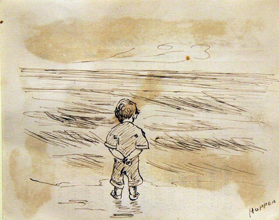 An 1891 watercolour and pencil drawing, created on the back of his third grade report card, by a nine year-old Edward Hopper (1882 - 1962).