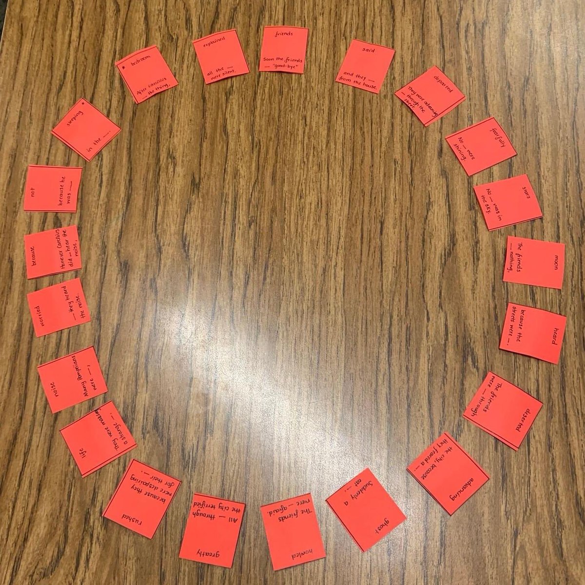 Upper School Latin students played a game to help them read and understand a Latin story. The red cards each had a word and a sentence with a word missing. When put together in the right order, they could read the story. It was a fun, hands-on way to work with language.