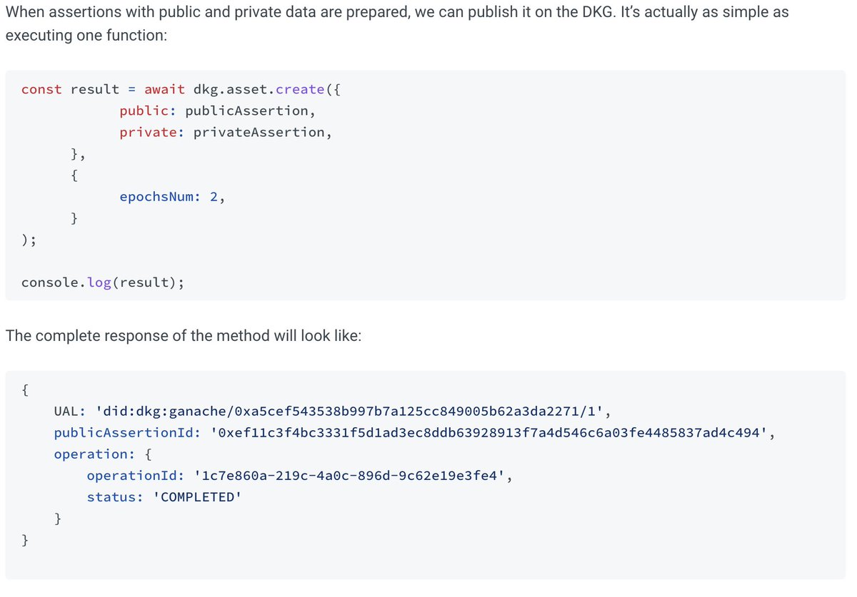 TriniZone's tweet image. (15/24) The &quot;Private-Where&quot;

#KnowledgeAssets are also privacy preserving. Here we will create an asset that has both a Public as well as Private graph. As you can see, a #UAL is returned specifying this particular asset in the #DKG. You may have noticed #assertions have IDs!