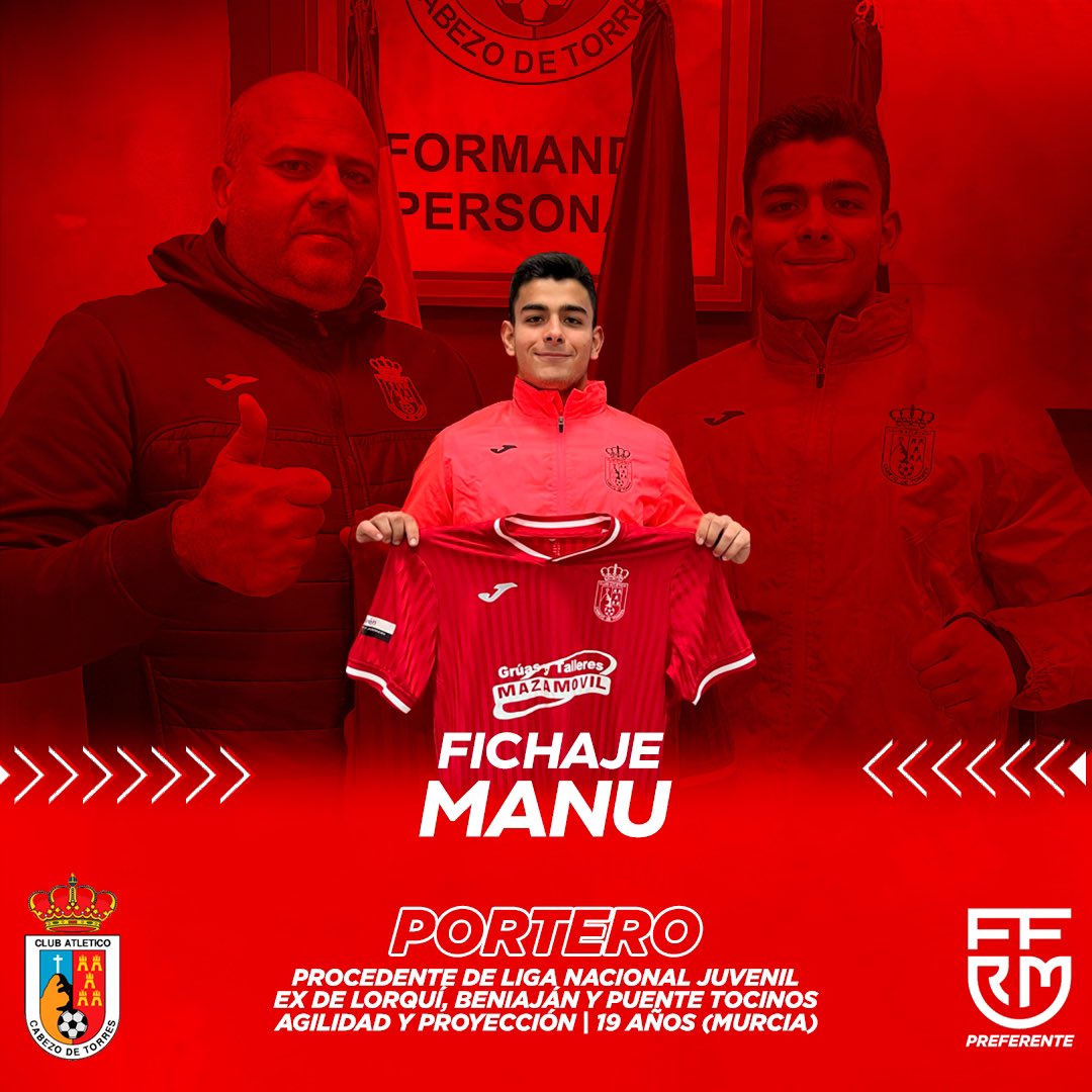 OFICIAL 🚨|

Manuel Manzano, refuerzo invernal para la meta rojilla.

El guardameta cuenta con gran estirada, colocación y proyección.

🔝Procedente de Juvenil Liga Nacional (Lorquí, Beniaján, Puente Tocinos).

¡BIENVENIDO!🙌🏻

#VamosCabezo
#SentimientoPimentonero🔴⚪️