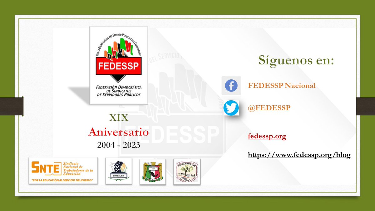 #UnDiaComoHoy
#23DeFebrero
2004.- Se crea la Federación Democrática de Sindicatos de Servidores Públicos, integrada por 8 de cada 10 trabajadores de la Administración Publica Federal.
<a href="/agusaviles1/">Agustín Avilés</a> <a href="/pedrojoseescar3/">pedro jose escarcega delgado</a> <a href="/sntsct/">EDUARDO CARDENAS</a> <a href="/marudavalos29/">Maru Dávalos</a> <a href="/mariogomezgg/">Mario  Gómez</a>
#19aniversario
#TodosSomosUno