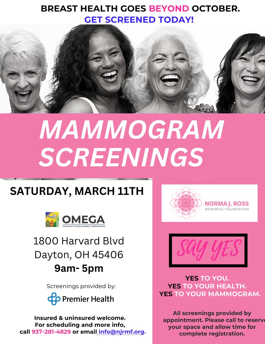 Say YES to your health with a Mobile Mammogram Screening on March 11th from 9am-5pm! Screening will be provided to the insured and uninsured. To schedule your appointment, please call 937-281-4829 or email info@njrmf.org.
#HopeLivesHere