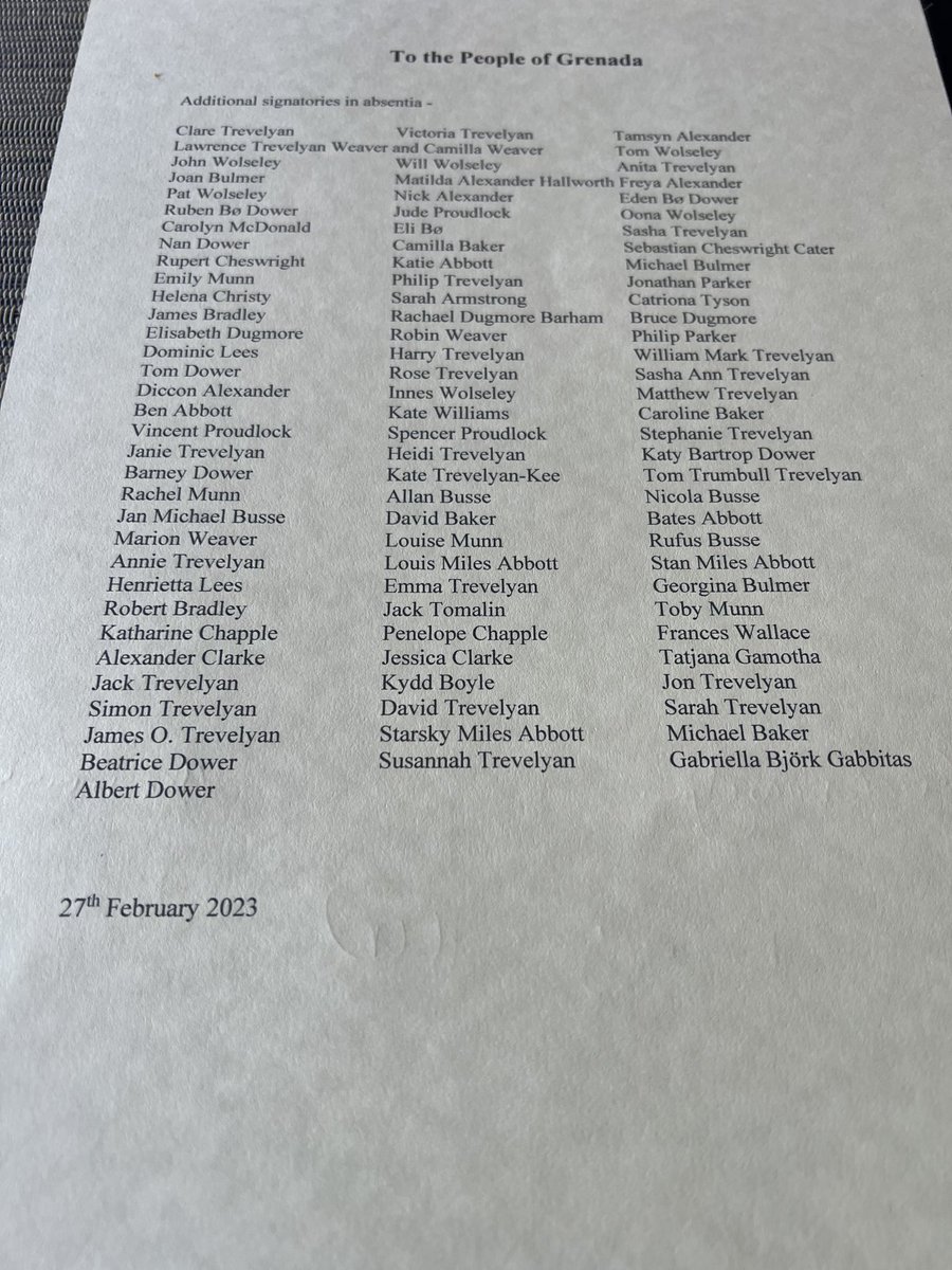 Today in Grenada, 7 members of the Trevelyan family presented a formal letter of apology to the people of this Caribbean island. “We apologize for the actions of our ancestors in holding your ancestors in slavery.” 104 members of the Trevelyan family signed the apology.