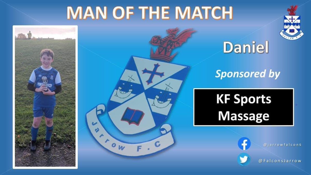 FalconsJarrow's tweet photo. Well done to Daniel, who was our Man of the Match tonight. Fantastic work on the ball, always looking to create opportunities with his positive running 👍🏻⚽️

Player sponsored by KF Sports Massage

Team sponsored by
A&amp;J Power Services 
Top Marks Ltd.

Jarrow FC https://t.co/QywLnhVgfL