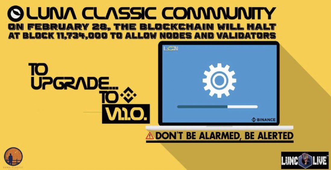 Nft_market101's tweet photo. $LUNC army the #Binance  proposals are going to pass with flying colors! The chain will be halted tomorrow February 28th 2023 at 5 PM EST/10 PM UTC at block 11,734,000 to put them into effect. Validators as soon as the chain is halted please upgrade asap. 💎🤲🏻 #Crypto #LUNC $BNB https://t.co/G1MFwEdATc