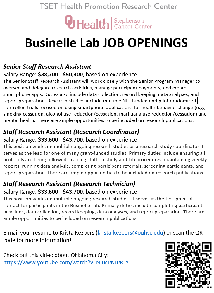 NOW hiring 3 staff members (up to $50k salary). See descriptions and QR code below. The Businelle lab focuses on testing smartphone-based health behavior change interventions. Please re-Tweet. @SBMDigitalHlth @BehavioralMed @TreatmentSRNT  @ABCTStudentSIG @srntorg #SRNT2023