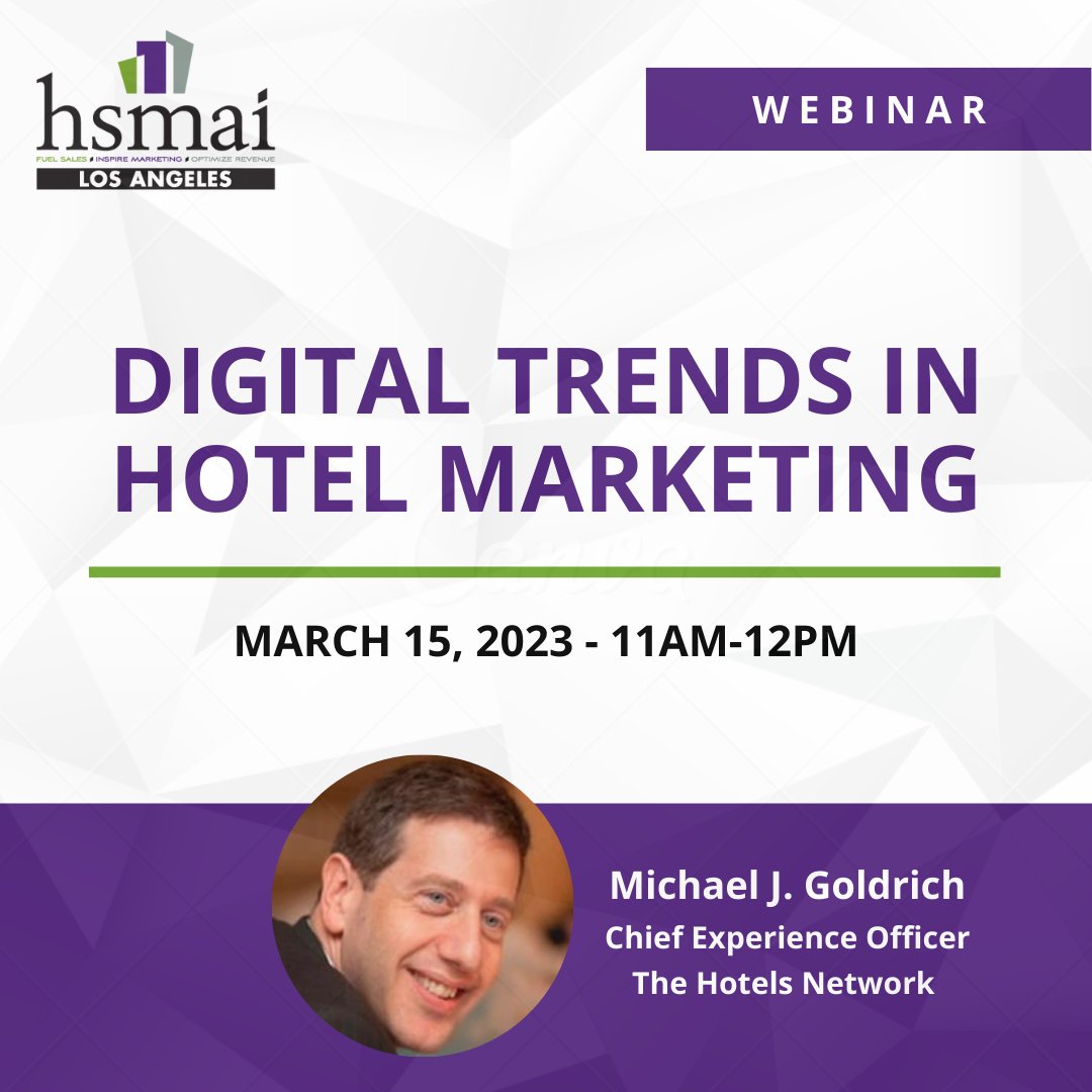 Join us and learn how hotels can do more with less. This webinar will provide an overview of 9 trends impacting digital marketing. Register now! bit.ly/3ZrahaB

#hsmai #hsmailosangeles #hotelmarketing #hotelsales #revenuemanagement