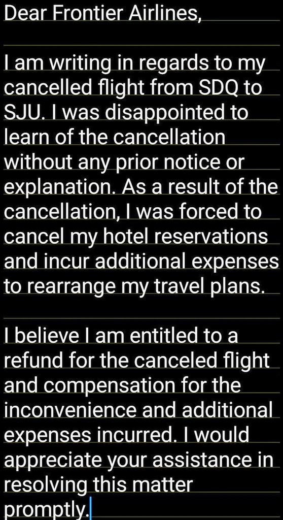 Lan3na712's tweet photo. Hi @FlyFrontier @FrontierCare
my flight with confirmation from SDQ to SJU was canceled without notice.I had to cancel my hotel and incur extra expenses.Please refund and compensate. #unannouncedcancellation #refundneeded
#flightrefund #airlinecompensation #customerdisatisfaction https://t.co/xS2oJoTFGt