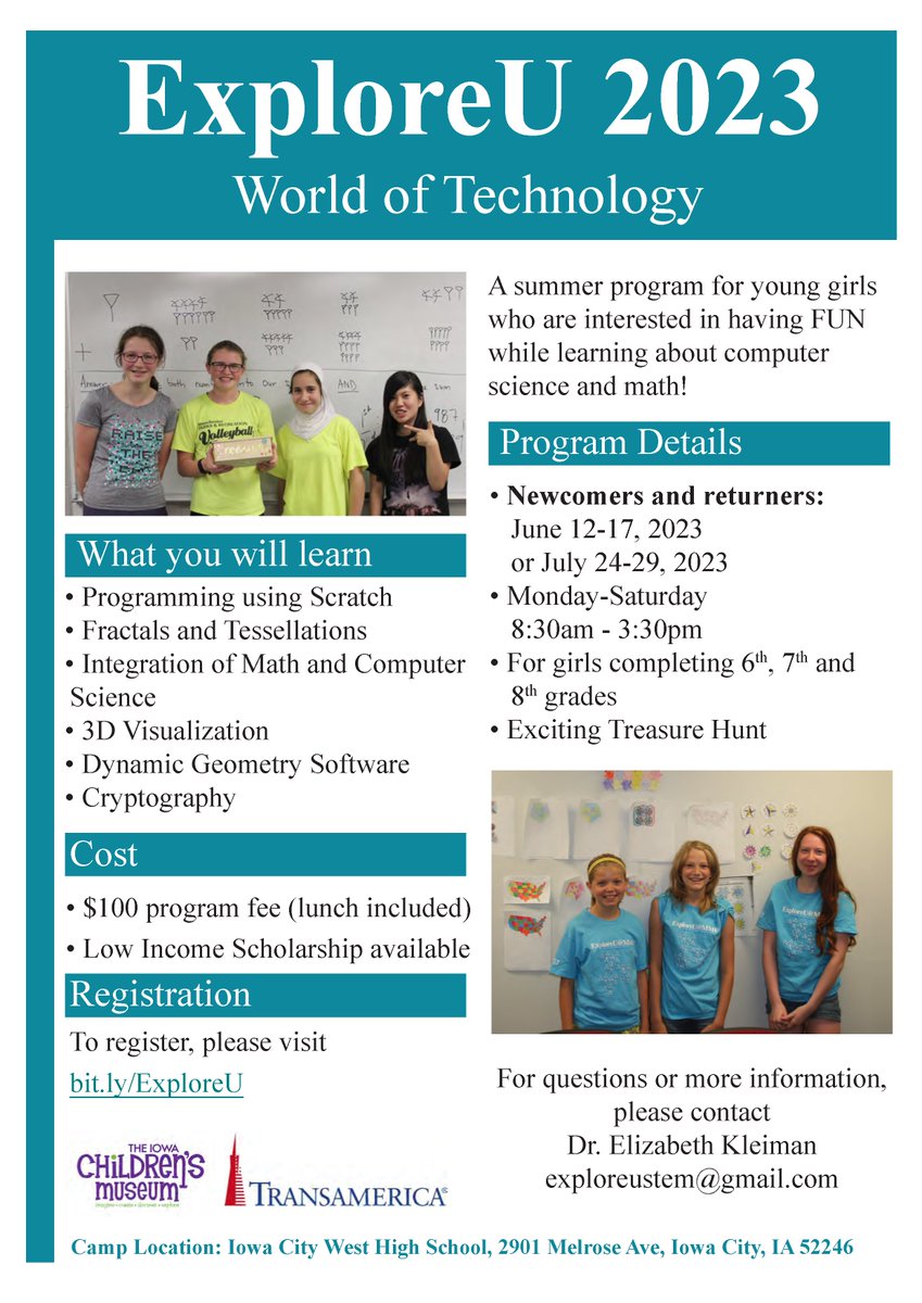 UIowaCS's tweet image. 📢 Our own @ElizabethKleim3 will again co-run week-long #ExploreU #STEM #SummerProgram for middle school girls completing 6ᵗʰ, 7ᵗʰ or 8ᵗʰ grade to help them learn #Math➕#ComputerScience skills while having fun! Deets|registration @ bit.ly/ExploreU #CS4IA #GirlsWhoCode
