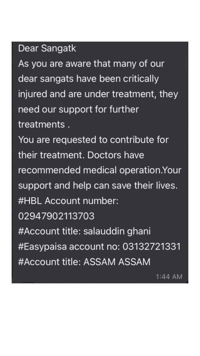 BeebagrBaloch69's tweet photo. Two among d dozens of Baloch students injured today at QAU have serious life-threatening injuries and r undergoing an operation requiring approximately 10 lac each (total of 20 lacs) for their operations.Those who can contribute, please do so urgently.
(Account in the Picture) https://t.co/HSW1WBG3X1
