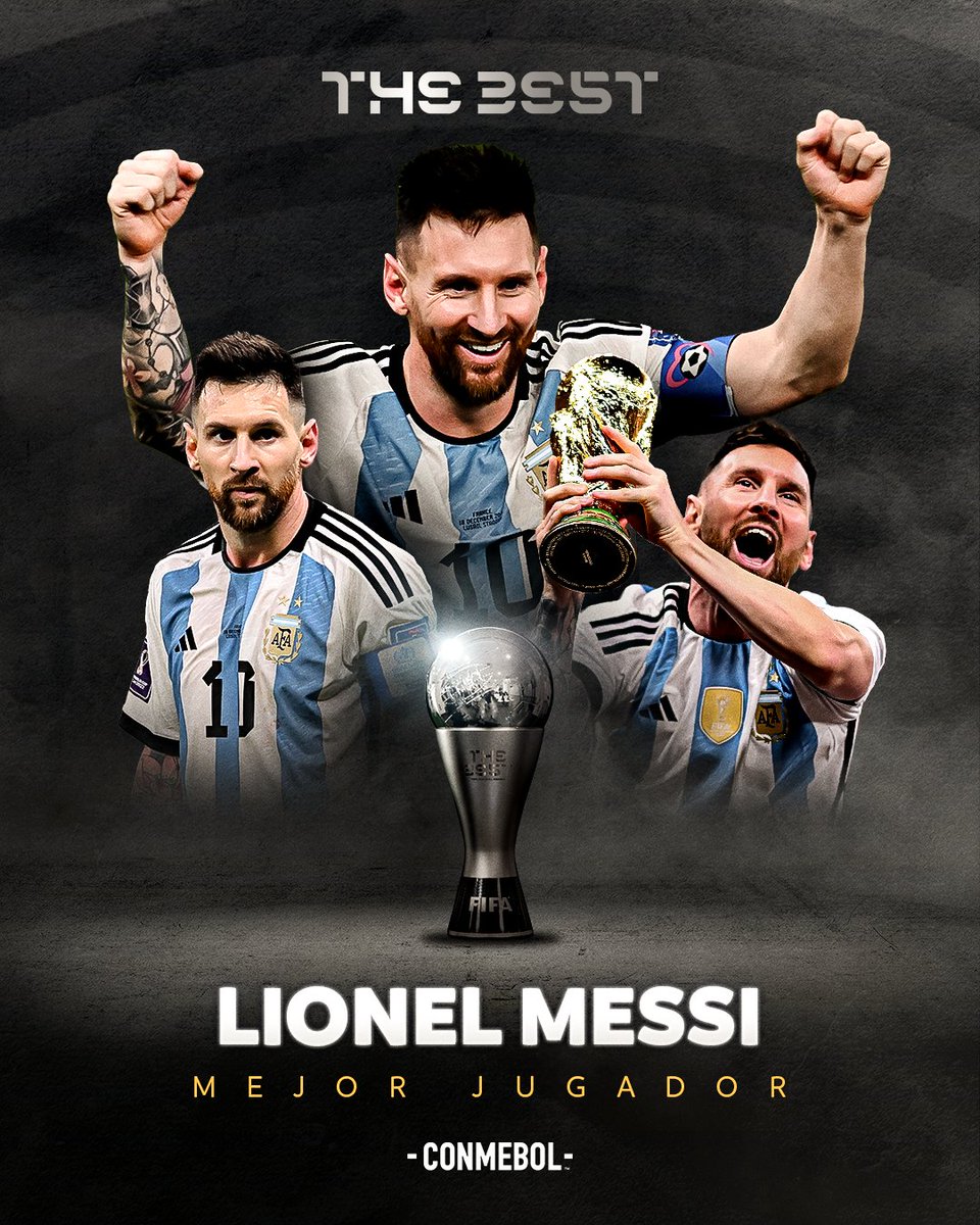 CONMEBOL's tweet photo. ¡Siempre Lionel Messi! 🐐

El 🔟 de @Argentina 🇦🇷, campeón de la @FIFAWorldCup 🏆, se quedó con el premio FIFA #TheBest al Mejor Jugador por segunda vez en su carrera. 😍⚽️

#CreeEnGrande https://t.co/fG3TbhOwRV