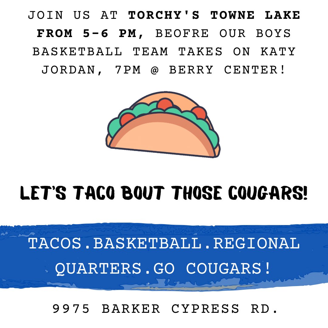 Head to Torchy’s to meet up with Cougar Fans before the Regional Quarterfinal game! Taco bout a fun night!