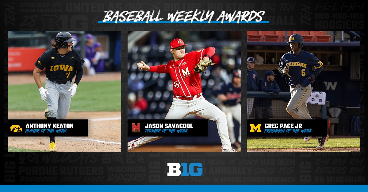 Big Ten Baseball (@b1gbaseball) on Twitter photo ๐จ Weekly #B1GBaseball Awards ๐จ
โพ Player of the Week: Keaton Anthony, <a href="/UIBaseball/">Iowa Baseball</a>
โพ Pitcher of the Week: Jason Savacool, <a href="/TerpsBaseball/">Maryland Baseball</a>
โพ Freshman of the Week: Greg Pace Jr, <a href="/umichbaseball/">Michigan Baseball</a>
๐ More: bit.ly/3Iy8PMY ๐จ Weekly #B1GBaseball Awards ๐จ
โพ Player of the Week: Keaton Anthony, <a href="/UIBaseball/">Iowa Baseball</a>
โพ Pitcher of the Week: Jason Savacool, <a href="/TerpsBaseball/">Maryland Baseball</a>
โพ Freshman of the Week: Greg Pace Jr, <a href="/umichbaseball/">Michigan Baseball</a>
๐ More: bit.ly/3Iy8PMY