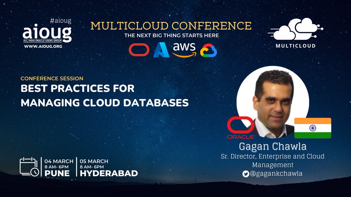 AIOUG's tweet photo. Don’t miss the opportunity to learn from Gagan Chawla @gagankchawla presenting -Best practices for managing cloud databases https://t.co/mttw7AG1dD.
Register NOW!! https://t.co/oOlRG3lIQ7
#Multicould @oracleugs @OracleCloud @Azure @awscloud @googlecloud https://t.co/I9dM98H6DV