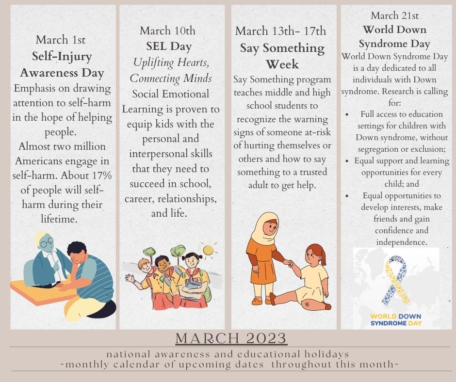 Happy Tuesday! Here are a few important dates and educational holidays for March. #SIAD #SELday #SecondStep #SaySomethingWeek #downsyndromeawareness #worlddsday #worlddownsyndromeday #CARES #shsuedsafety
