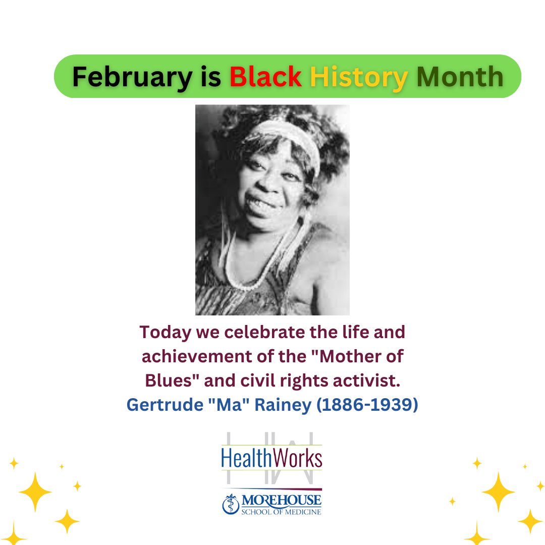Today in #BlackHistoryMonth we celebrate the life and achievement of the 'Mother of Blues' and civil rights activist, Gertrude 'Ma' Rainey, from Columbus, GA. 

For more info on Gertrude 'Ma' Rainey: 
womenshistory.org/education-reso…

#healthworksmsm #healthequity #MaRaineysBlackBottom