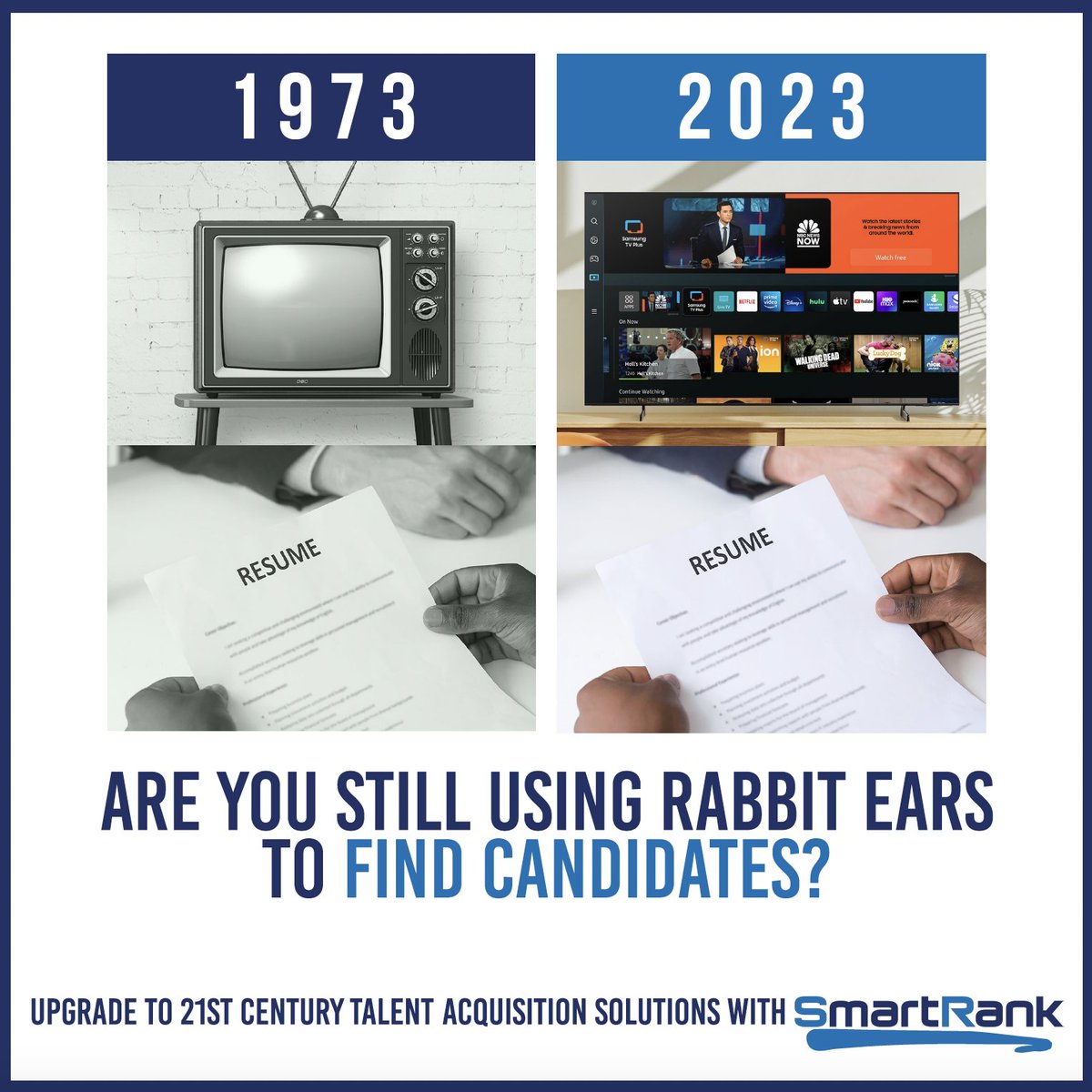 SmartRank_ai's tweet image. A LOT has changed in all aspects of society over the past 50 years...except the process of evaluating applicants. 
If you&apos;re still using old job descriptions, reading those résumés one by one, and using an ATS then your process is outdated.

Ready to update? Try @SmartRank_ai