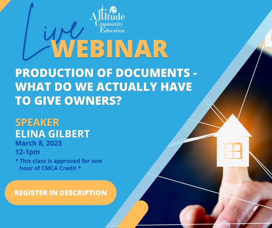 AltitudeLaw's tweet image. Do you have an owner requesting documents, but are unsure of what you’re required to give them? Elina Gilbert explains what owners are entitled to see and more in her upcoming webinar on March 8th! Register Here: altitude.law/events/product…

#HOAlaw #hoadocuments #hoagovernance