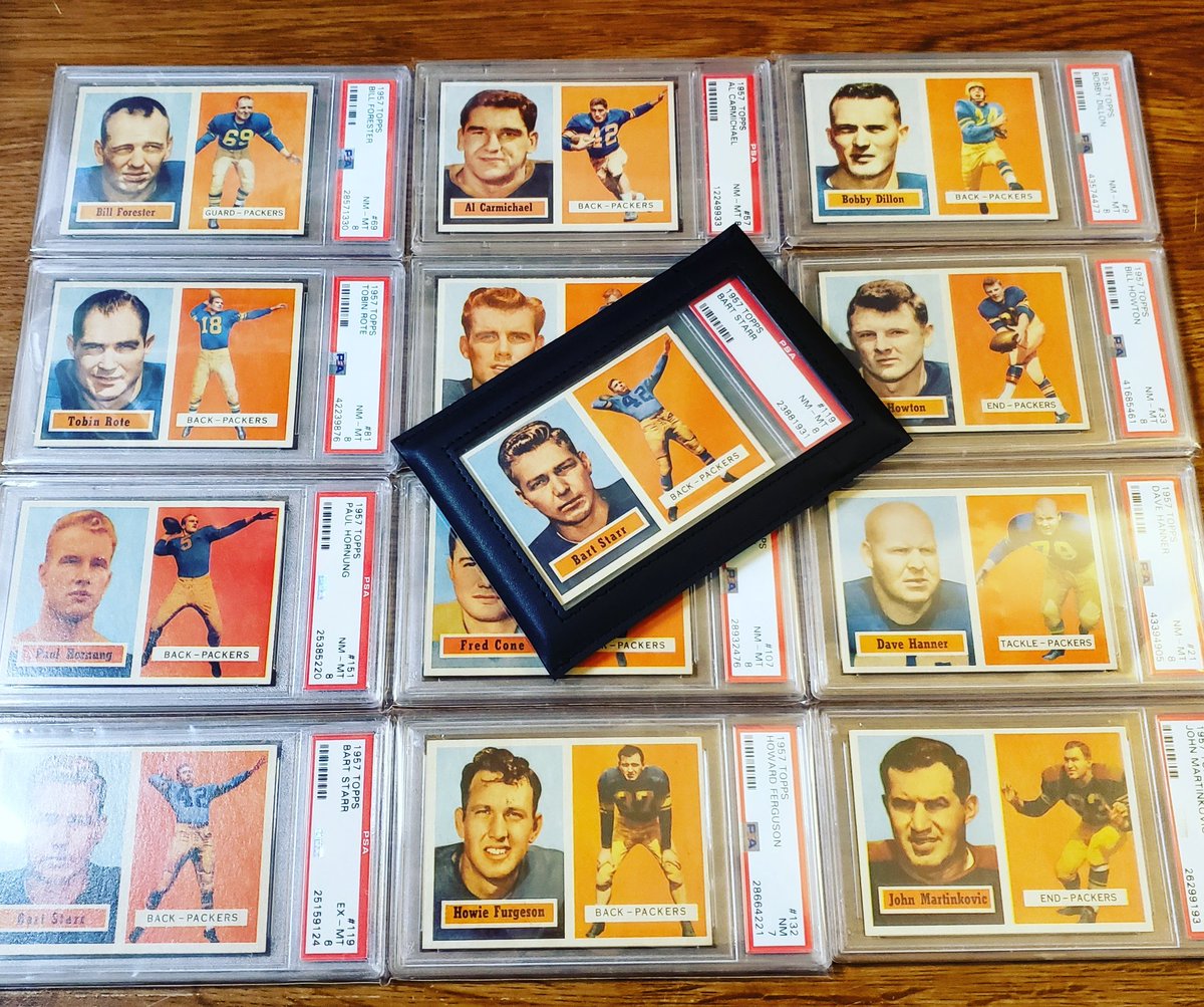 SconnEtradition's tweet image. 1957 Topps Packers Set Complete! Just posted the vid to my YouTube channel along with discussion. It's such a great set! #greenbaypackers #toppsfootball #thehobby #footballcards #vintageisking #vintagefootball #bartstarr #paulhornung #psacard